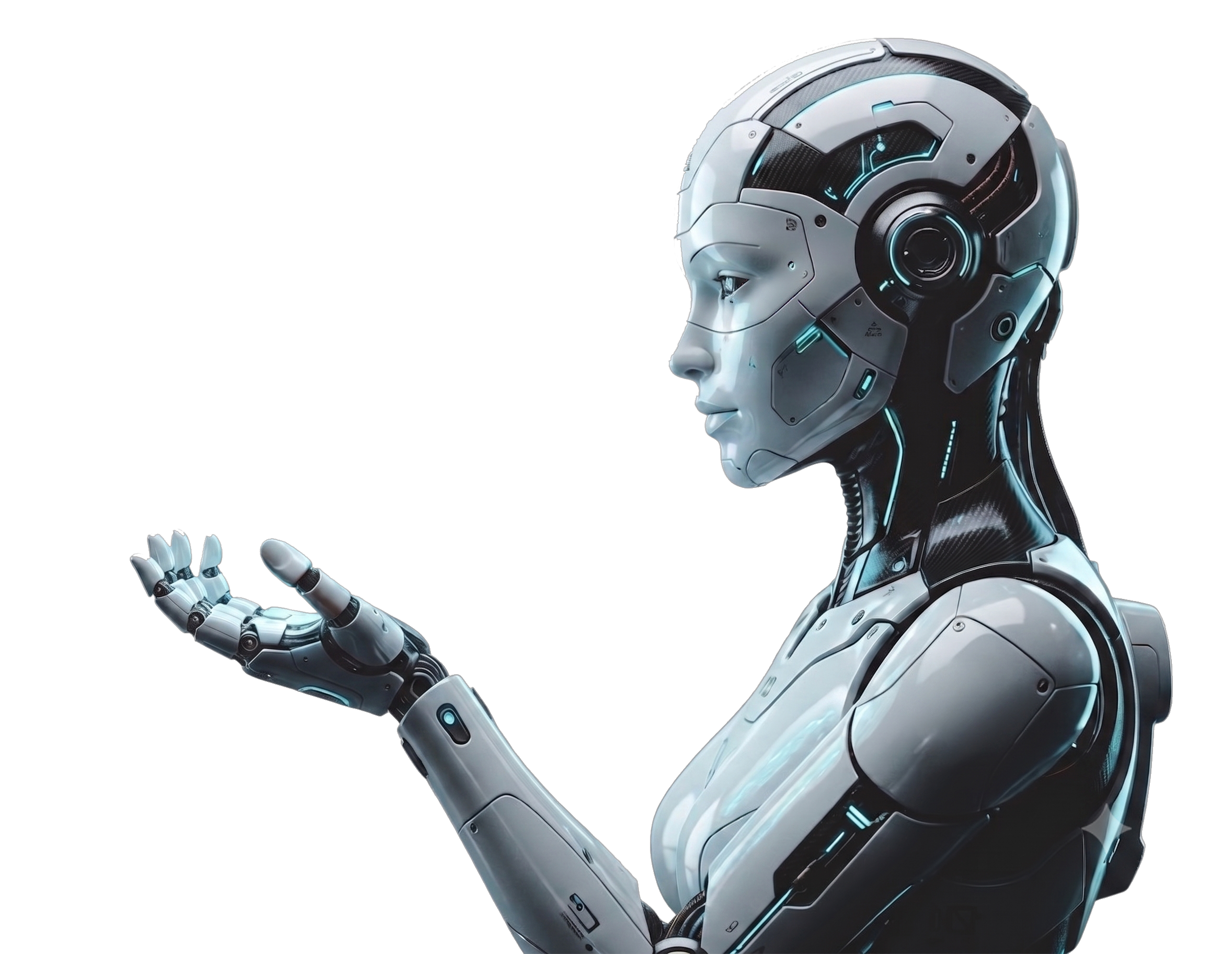 Robot Android IA Ultra-HD con palma abierta hacia la constelación de agentes